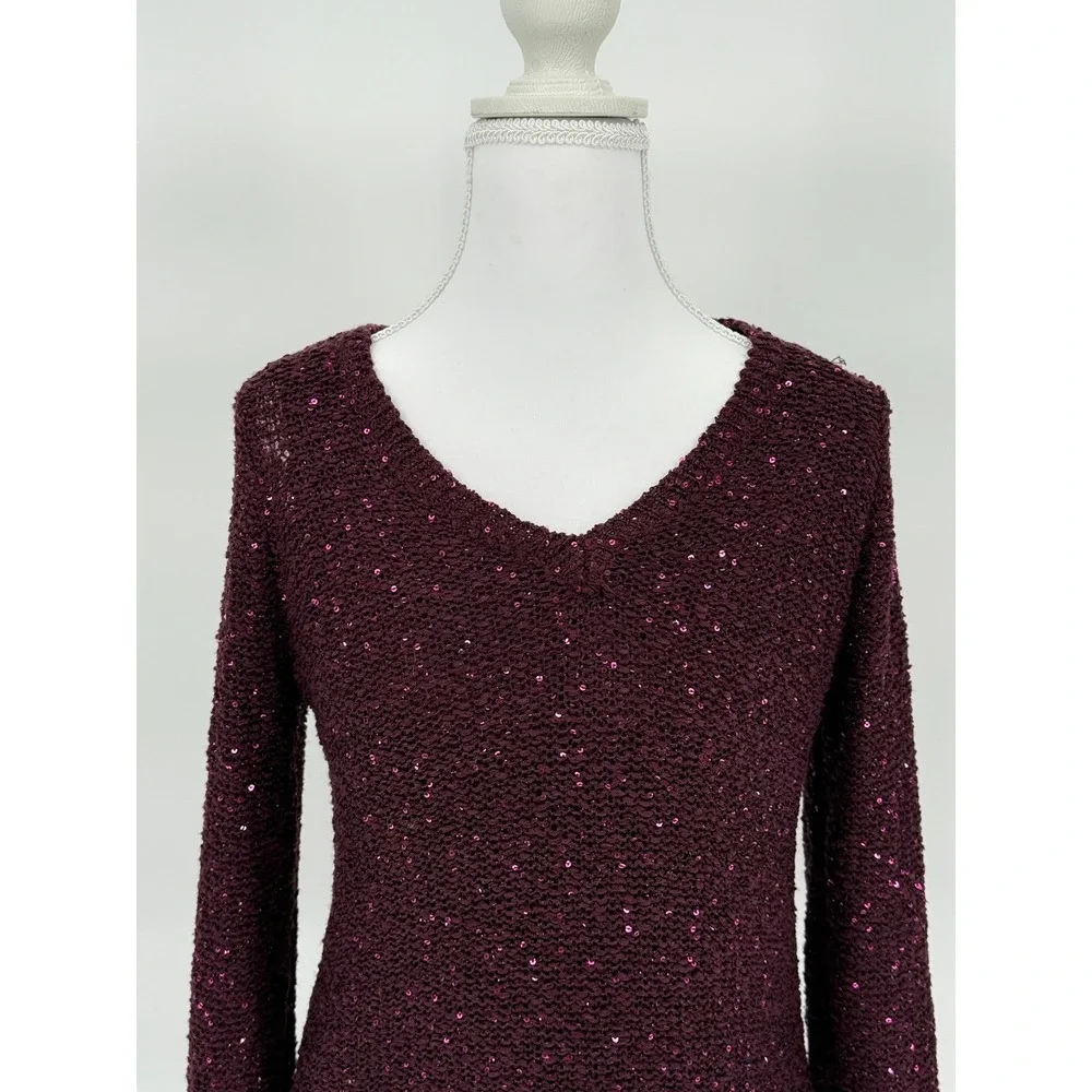 Holiday Sparkly Apt. 9 Sequin Long Sleeve V Neck Sweater PS Burgundy‎